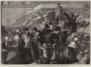 リヨンとディジョンからのフランスの難民はジュネーブ駅で荷物を主張します 作： Charles J. Staniland